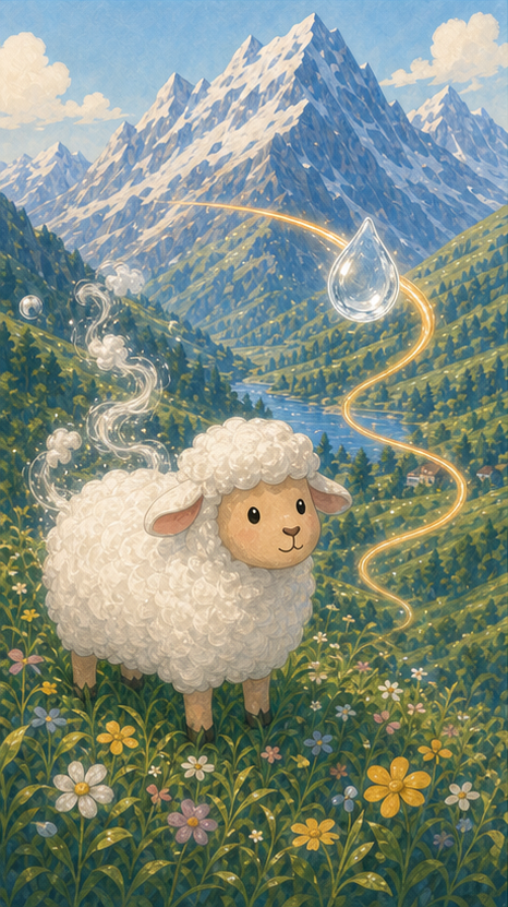 Shot 15 version A watercolor Swiss sheep with wool lifting from its back