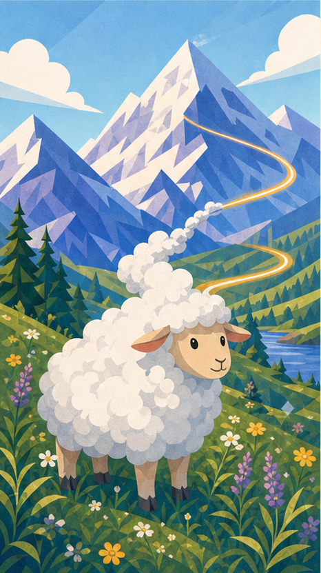 Shot 15 version B geometric Swiss sheep with wool lifting from its back